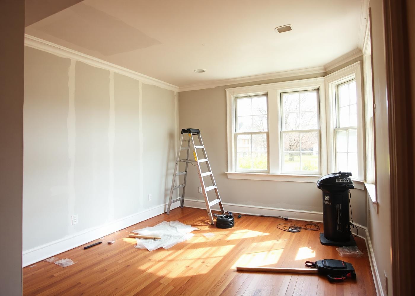 Fix-and-flip renovation in progress with new drywall and hardwood floors
